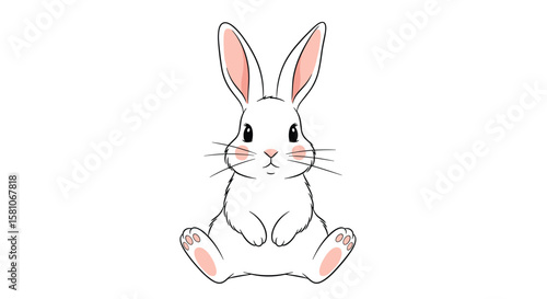 Adorable Fluffy White Rabbit Sitting with Pink Ears and Paws Adorable Fluffy White Rabbit Sitting with Pink Ears and Paws