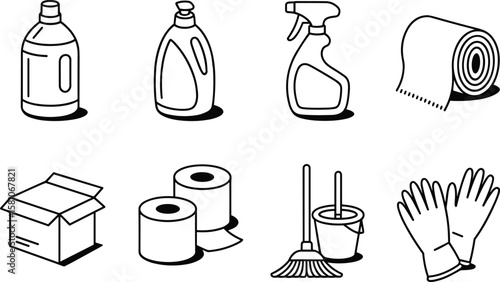 Cleaning icons cad drawing flat vector illustration, eight household supplies including spray, gloves, toilet paper rolls, mop, and detergent bottlesCleaning icons cad drawing flat vector illustration