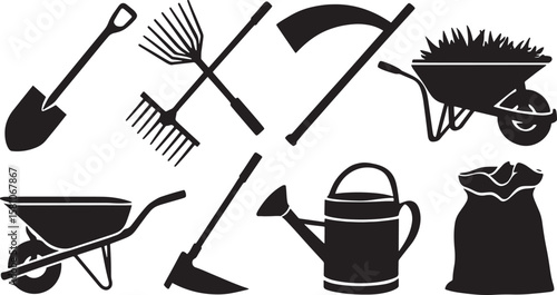 Gardening Tools Vector Set Essential Equipment Silhouettes for Planting Cultivating and Maintaining Gardens and Landscapes