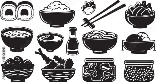 Japanese Food Silhouette Collection Asian Cuisine Sushi Rice Bowl Chopsticks Noodles Tempura Dumplings Soup