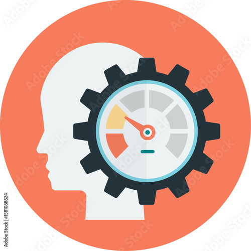 Abstract concept of a human profile silhouette with a cogwheel and dashboard gauge indicating mental processing and efficiency