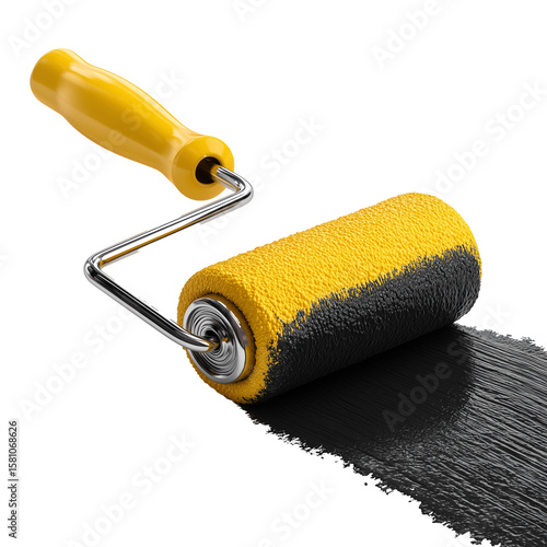 Yellow paint roller applying black paint isolated on white background
