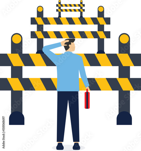 Businessman problems and challenges, businessman standing in front of a row of railings

