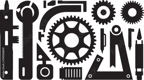 Tools and Gears Black Icon Set Precision Instruments and Mechanical Components for Engineering and Technical Design on Transparent