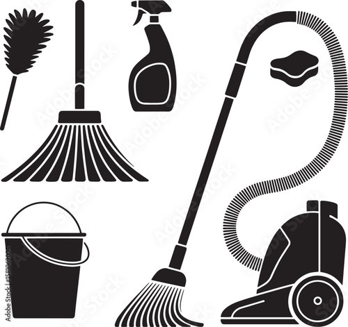 Cleaning tools including duster mop bucket spray bottle and vacuum vector