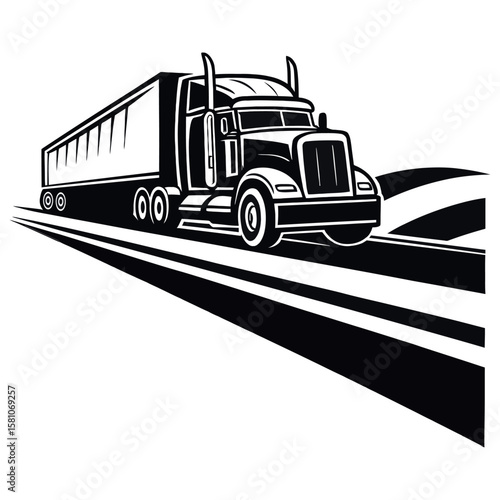 Stylized black and white illustration of a semi truck driving on a road isolated on white background