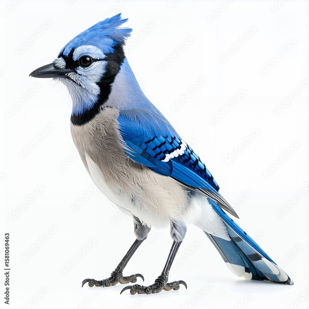 Obraz premium Striking blue jay portrait showcasing vibrant plumage and natural elegance on white background