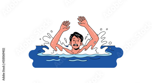 Man struggling to stay afloat in blue water arms raised in distress splashing waves around him