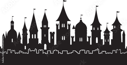 Enchanting Castle Silhouette Vector Illustration A Medieval Fortress Skyline with Towers and Flags Against a Transparent Backdrop