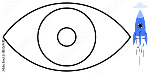 Abstract black eye with a blue rocket launching beside it. Ideal for innovation, vision, strategy, creativity, technology, future focus, progress. A simple flat metaphor