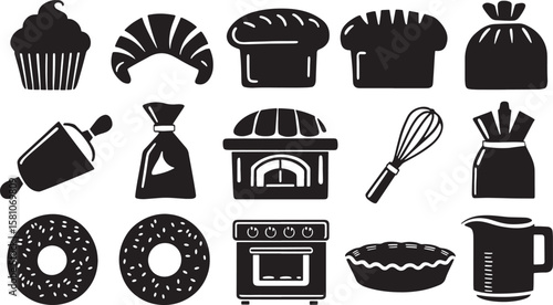 Bakery and Baking Utensils Silhouette Collection Baking Tools and Ingredients for Delicious Treats and Culinary Creations