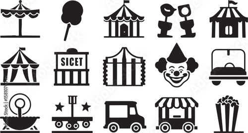 Circus and Carnival Black Icon Set Entertainment and Amusement Symbols for Funfair Attractions on Transparent Background