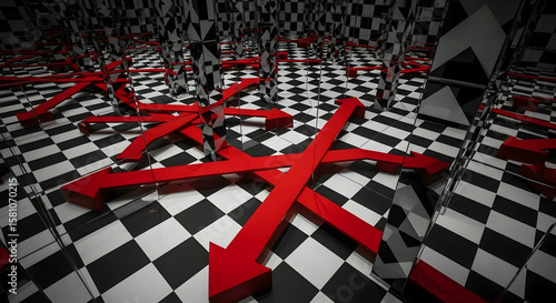 Abstract Checkerboard Maze With Arrows Representing Decisions And Directions