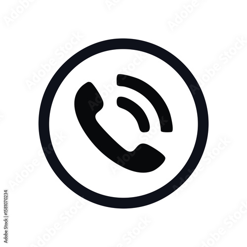 Black telephone handset icon with sound waves inside a dark circle communication