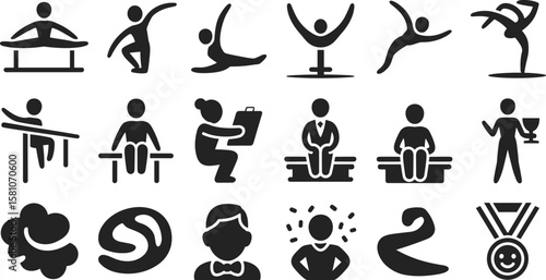 Gymnastics icons cad drawing flat vector illustration, floor moves, equipment, award, emotion, and judge symbolsGymnastics icons cad drawing flat vector 