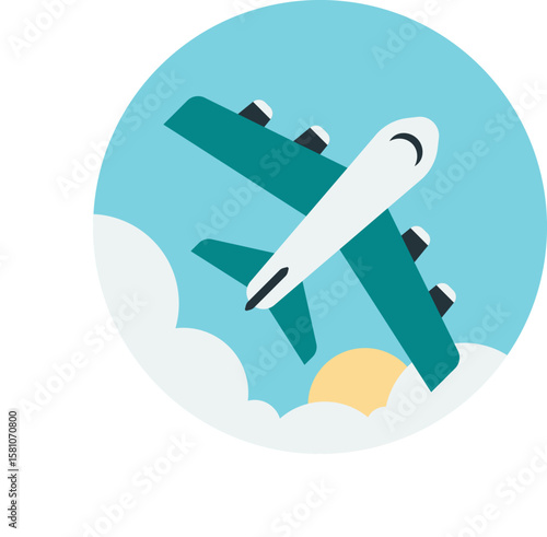 Airplane soaring above cloud: A stylish, vector-based graphic of a commercial airplane effortlessly ascends through a soft, cloud-filled sky, symbolizing freedom and globetrotting adventures.