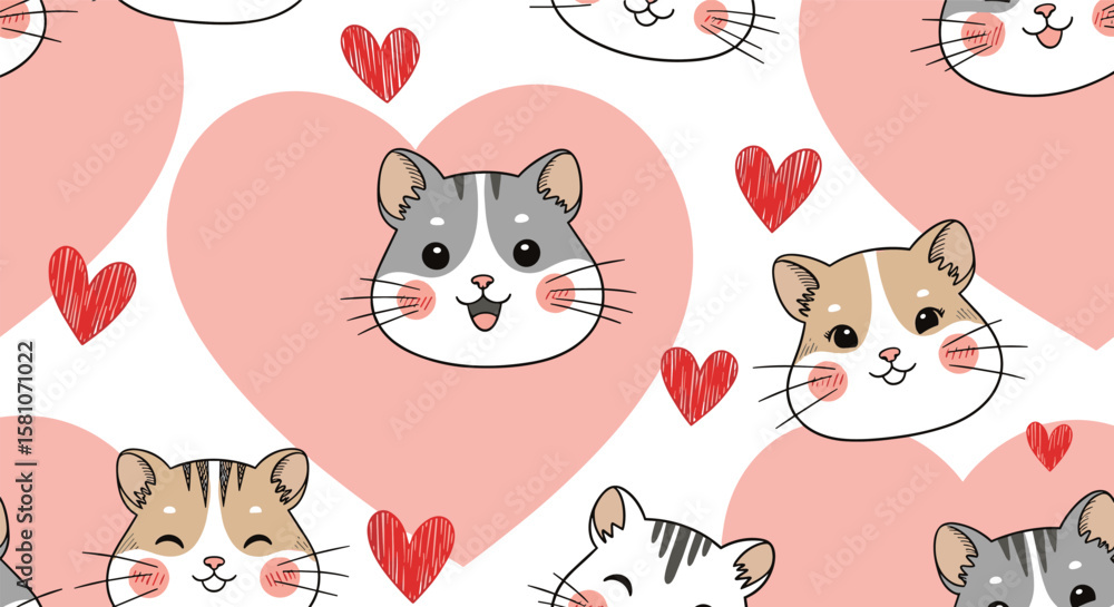 Obraz premium Cute Hamster Faces Surrounded by Pink Hearts and Red Hearts for a Whimsical Animal Theme