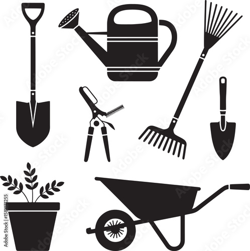 Gardening tools shovel watering can rake shears plant pot wheelbarrow vector