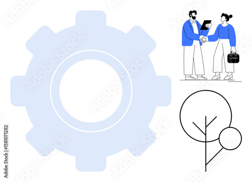 Large gear, two professionals shaking hands holding devices, and minimal tree outline. Ideal for teamwork, partnership, organization, innovation, sustainability productivity collaboration. Simple