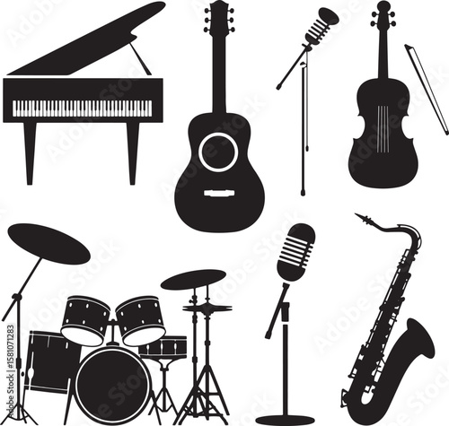 Grand piano acoustic guitar violin drum set microphones saxophone vector
