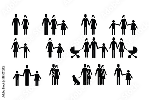 Collection of family icons representing diverse family structures, including parents, children, strollers, and pets, isolated on white background