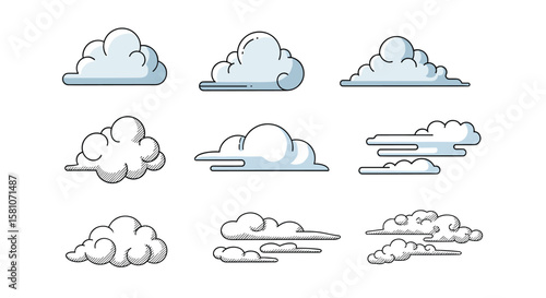 Collection of Stylized Cloud Illustrations Featuring Diverse Artistic Styles and Textures