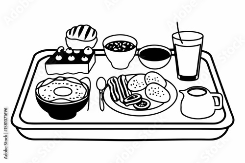 A hearty breakfast spread on a tray with various food items and drinks