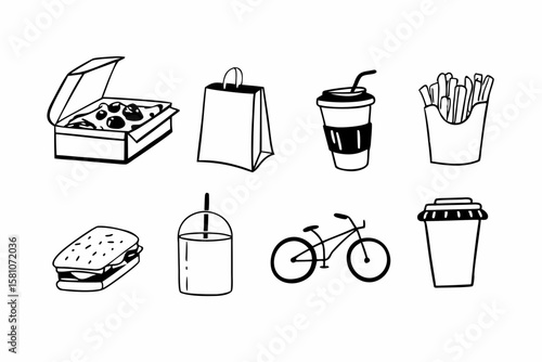 Hand drawn icons of food drinks and a bicycle on a white background