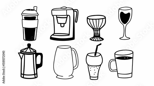 Collection of hand drawn beverage containers and coffee making appliances
