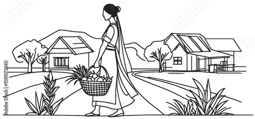 continuous single line drawing woman carrying fruit basket, village scene,  vector