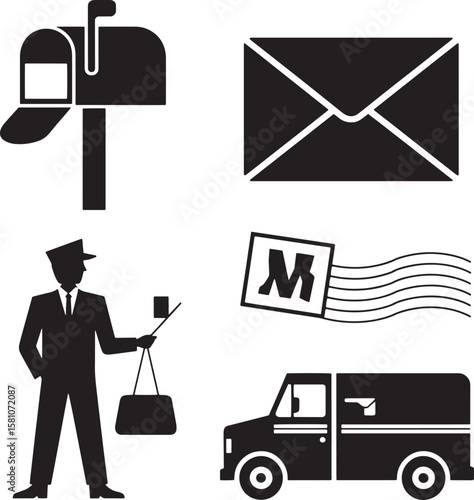 Mail carrier delivering mail with truck and mailbox postal delivery