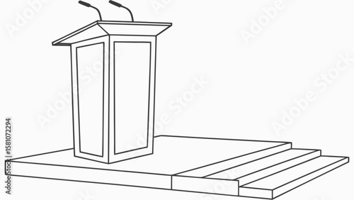 Illustration of podium stage with microphone for speech presentation or conference event, vector line art