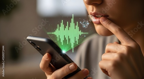 Close up of woman interacting with a voice recognition app on a smartphone and listening to the audio displayed as green waves.