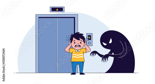 Young Boy Terrified Encountering Spooky Shadow Monster in Elevator Fear Phobia Concept
