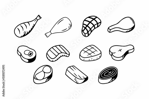 Collection of hand drawn meat cuts and poultry legs