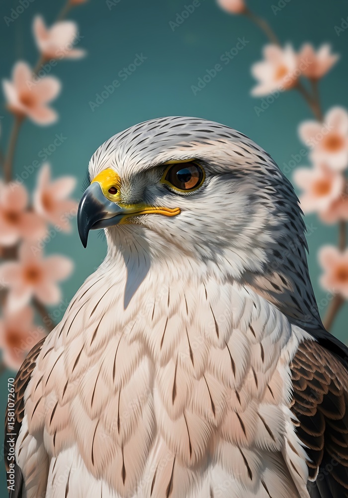 Fototapeta premium Majestic Raptor with Delicate Cherry Blossoms Framing its Portrait