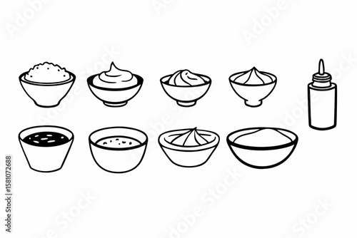 Collection of various sauces and condiments in bowls and a squeeze bottle