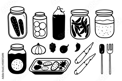 Collection of preserved foods and ingredients in jars and containers