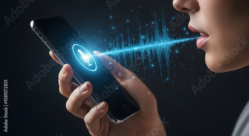 Woman uses smartphone voice assistant with digital sound wave visual for technology, audio, and communication advancements for voice recognition.