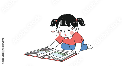 Captivated Young Girl Enthusiastically Reads an Illustrated Storybook