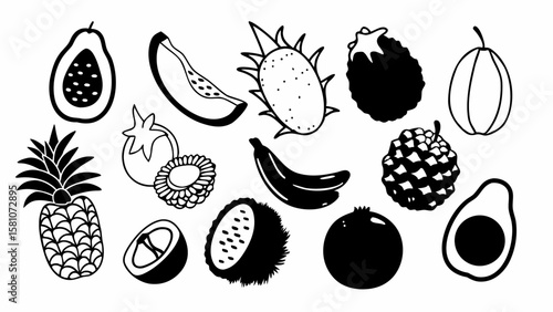 Assortment of tropical and exotic fruits in black and white outline style