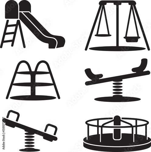Playground equipment icons featuring swings slide seesaw and merry go round black white