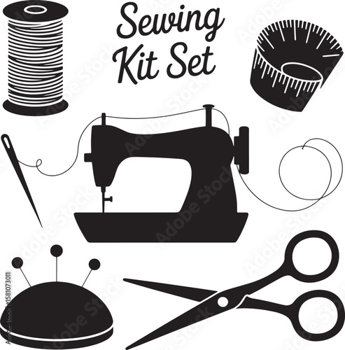 Sewing machine needle thread spool scissors pincushion tape measure vector