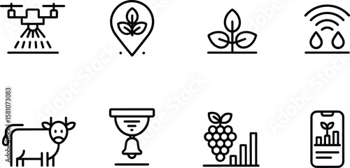 Smart farming icons cad drawing flat vector illustration, eight agricultural technology symbolsSmart farming icons cad drawing flat vector illustration, eight agricultural technology symbols