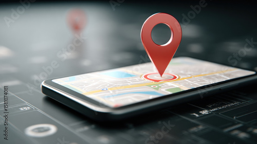 Smartphone with map application displaying floating location pin marker in augmented reality concept