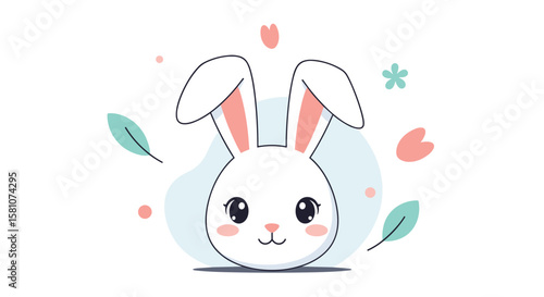 Cute Kawaii Bunny Rabbit With Flowers And Leaves Spring Easter Celebration Fun