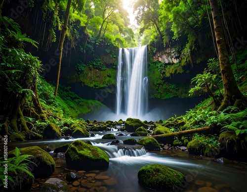 Lush waterfall cascading into a tranquil stream