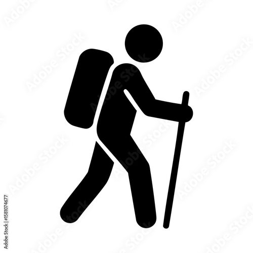 Backpacker hiker walking with stick icon for outdoor travel adventure