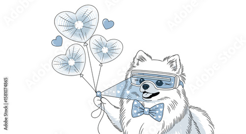 Whimsical fluffy white dog with cool sunglasses and heart shaped balloons celebrating a special occasion in a fun and festive manner