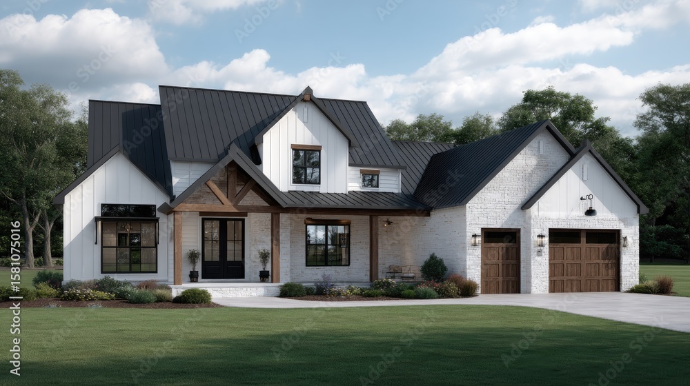 Modern luxury home showcases elegant blue and white colors, featuring a large porch and vibrant green lawn under sunny skies Modern luxury home showcases elegant blue and white colors, featuring a large porch and vibrant green lawn under sunny skies